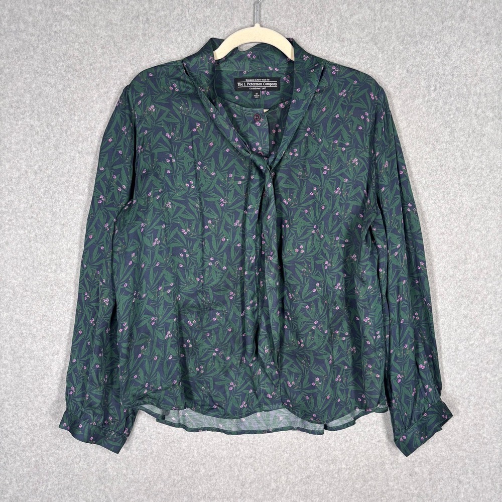 J Peterman Floral Tie Neck Blouse Medium Green Navy Buttons Feminine Maximalist‎